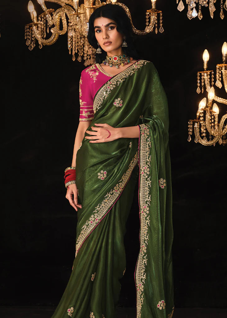 Classy Green Heavy Embroidery Designer Saree