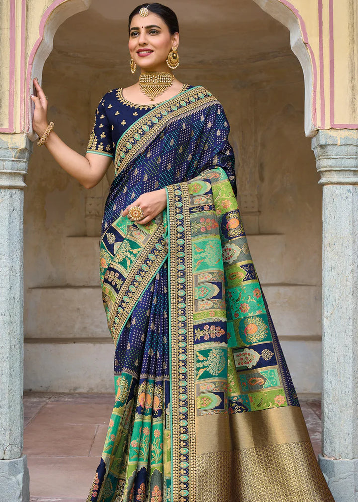 Navy Blue Woven Banarasi Designer Embroidery Silk Saree