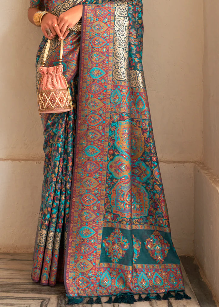 Teal Blue Woven Designer Kashmiri Saree And Blouse