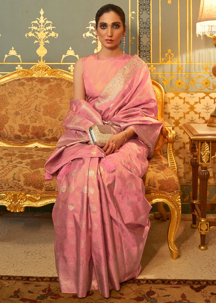 Rose Pink Woven Banarasi Silk Saree With Blouse