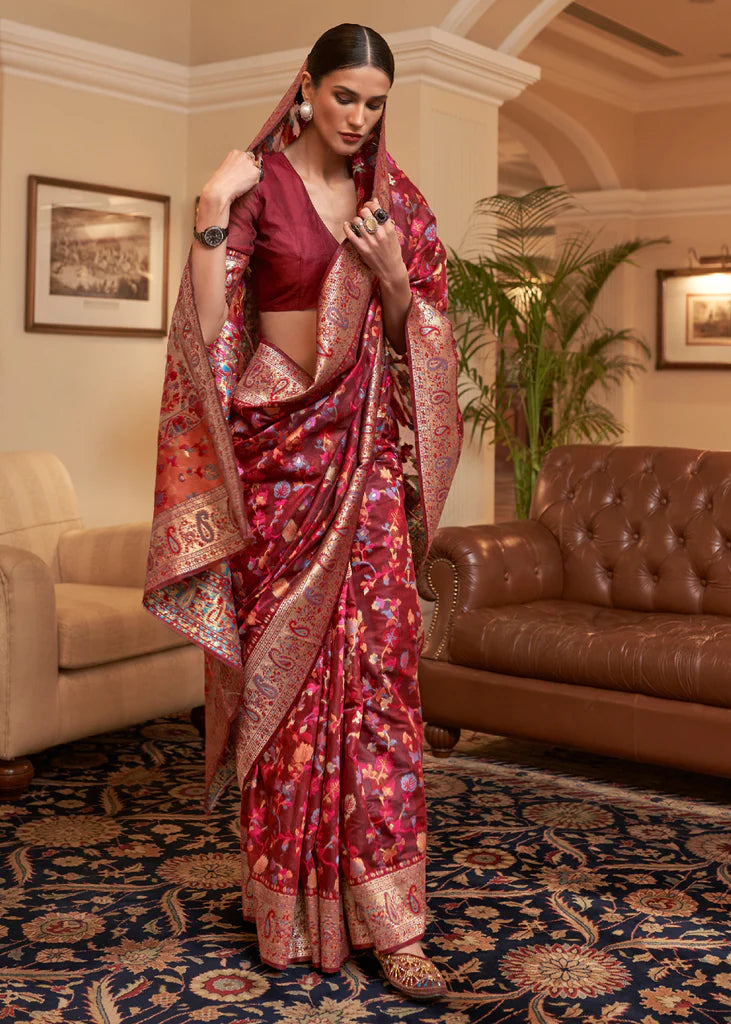 Multi Color Maroon Woven Kashmiri Saree