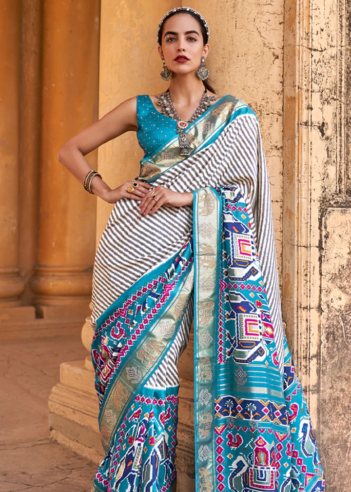 Light Blue Designer Silk Patola Saree With Blouse