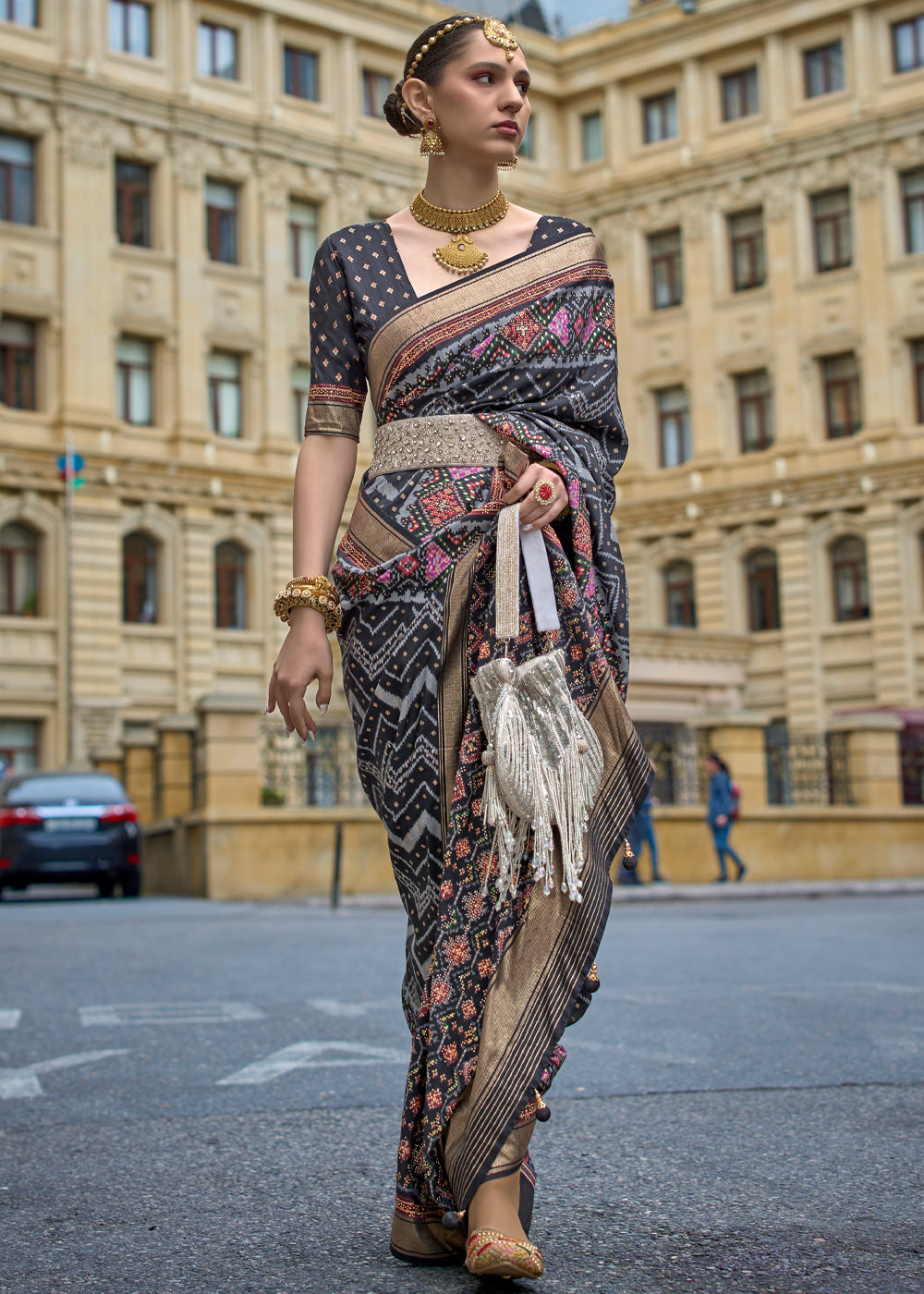 Dark Grey Printed Patola Saree With Contrast Blouse