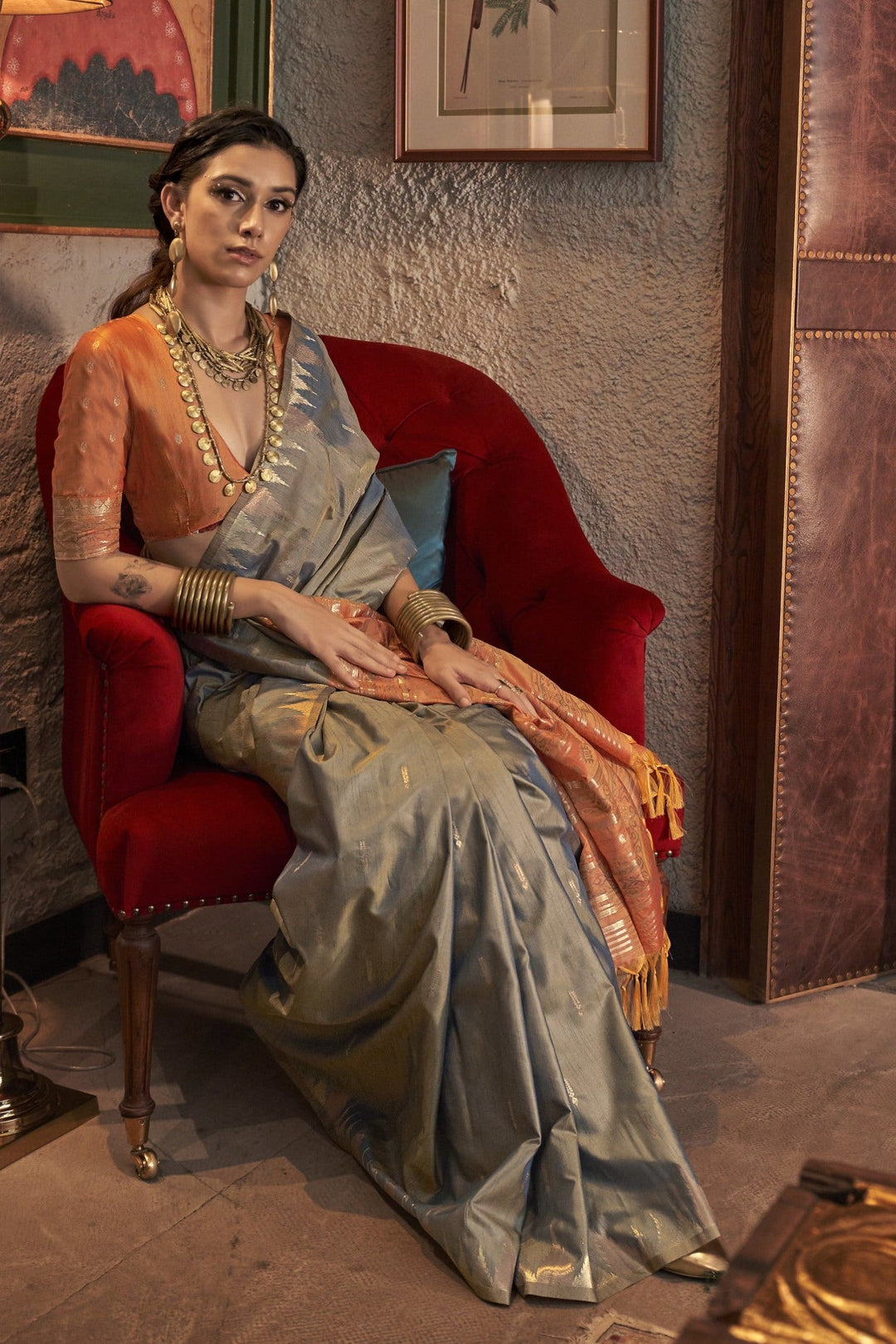 Light Grey Woven Tussar Silk Saree with contrast blouse