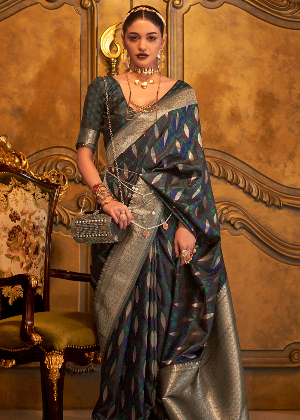 Turkish Blue Woven Banarasi Satin Silk Saree