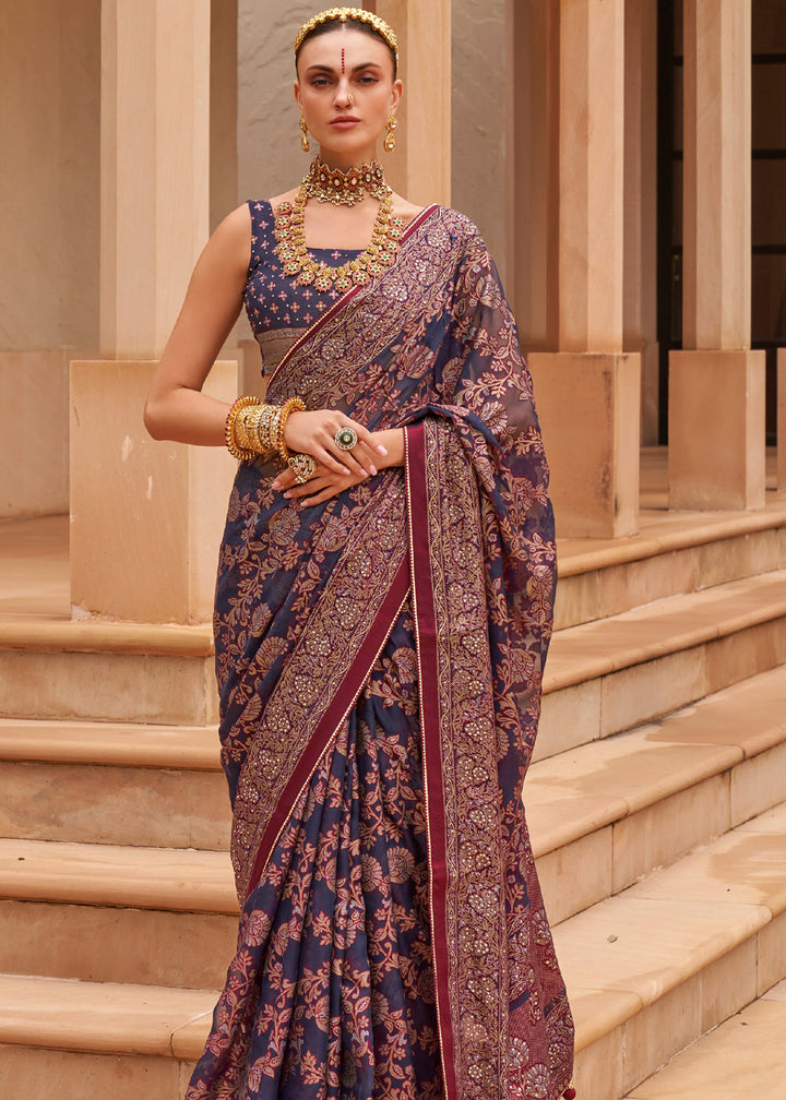 Navy Blue Woven Brasso Silk Saree With Blouse