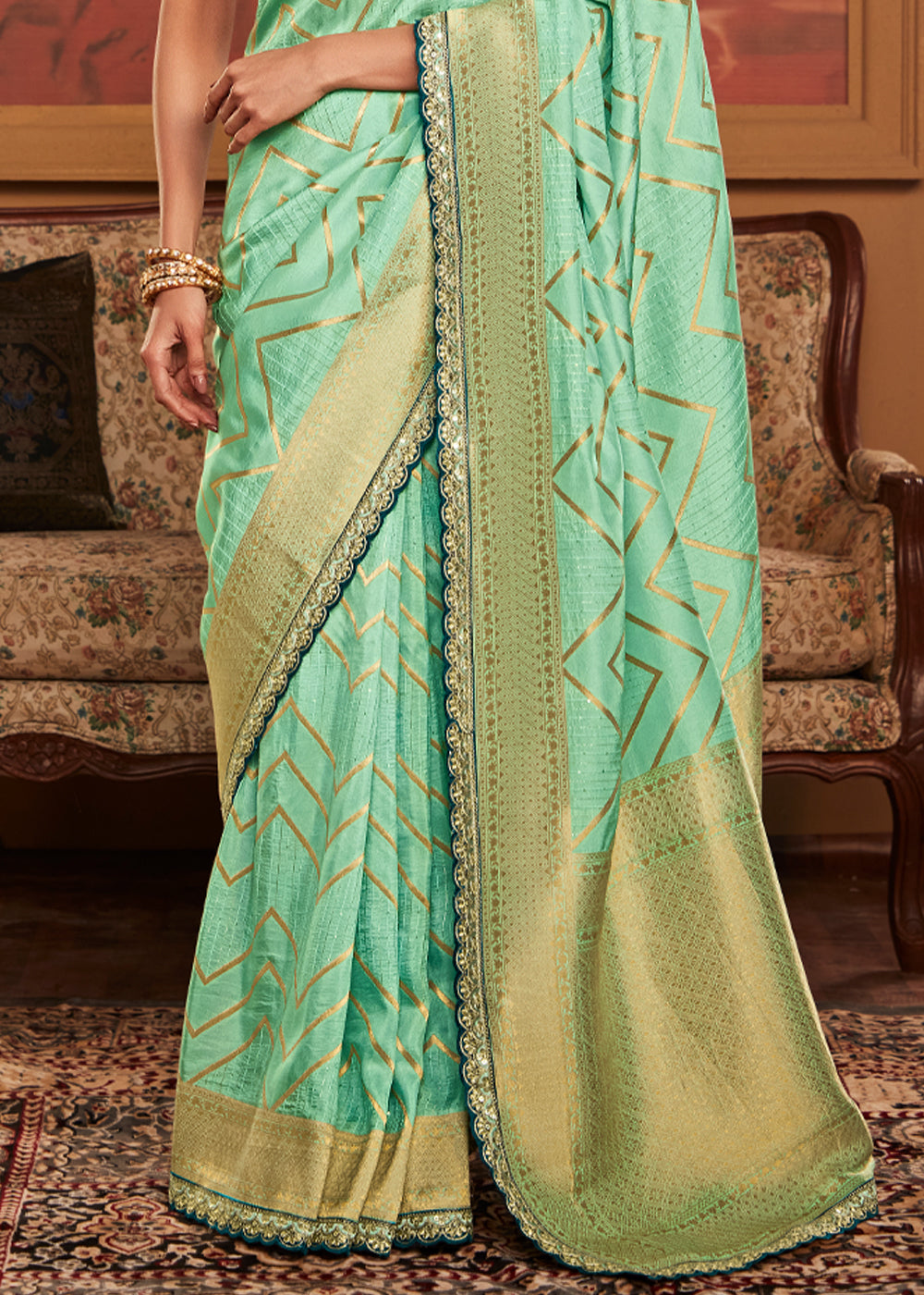 Pista Green Designer Soft Pure Dola Silk Saree