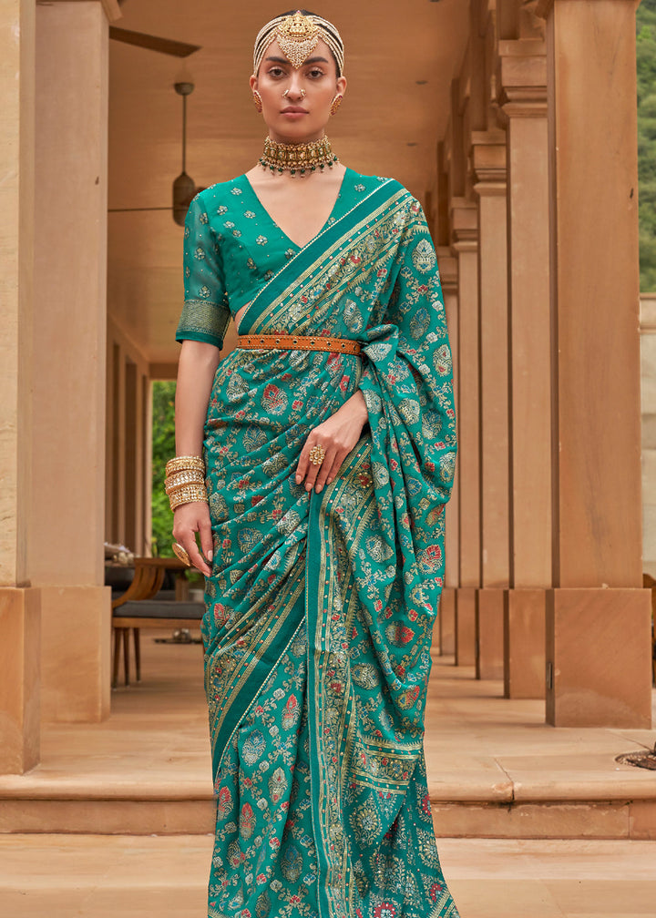 Teal Green Woven Brasso Silk Saree With Blouse