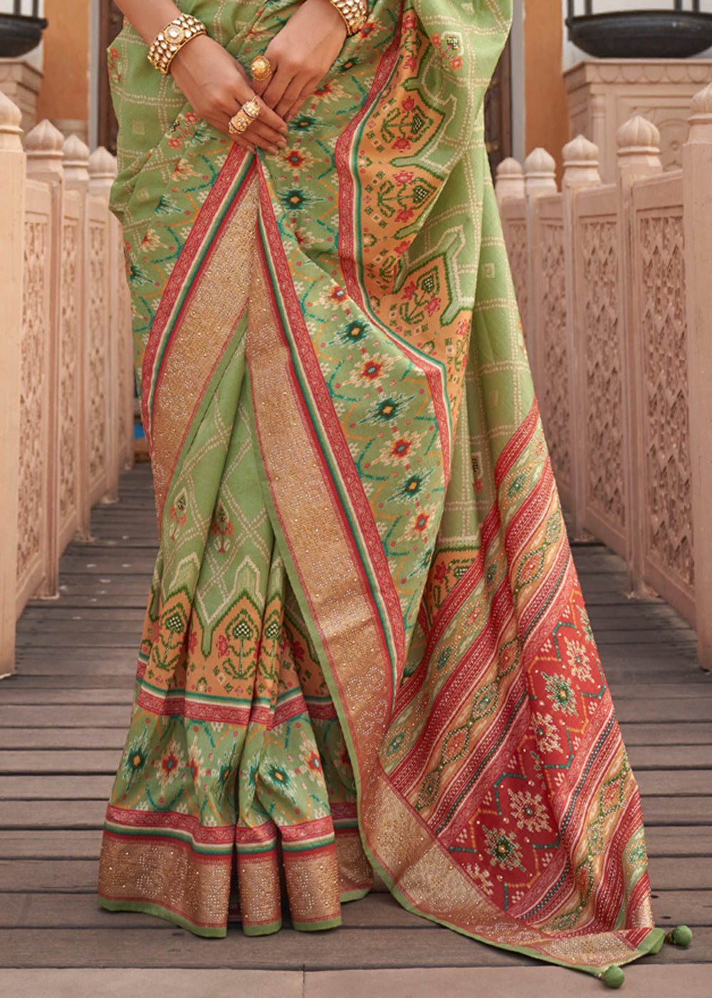 Pista Green Designer Patola Silk Saree