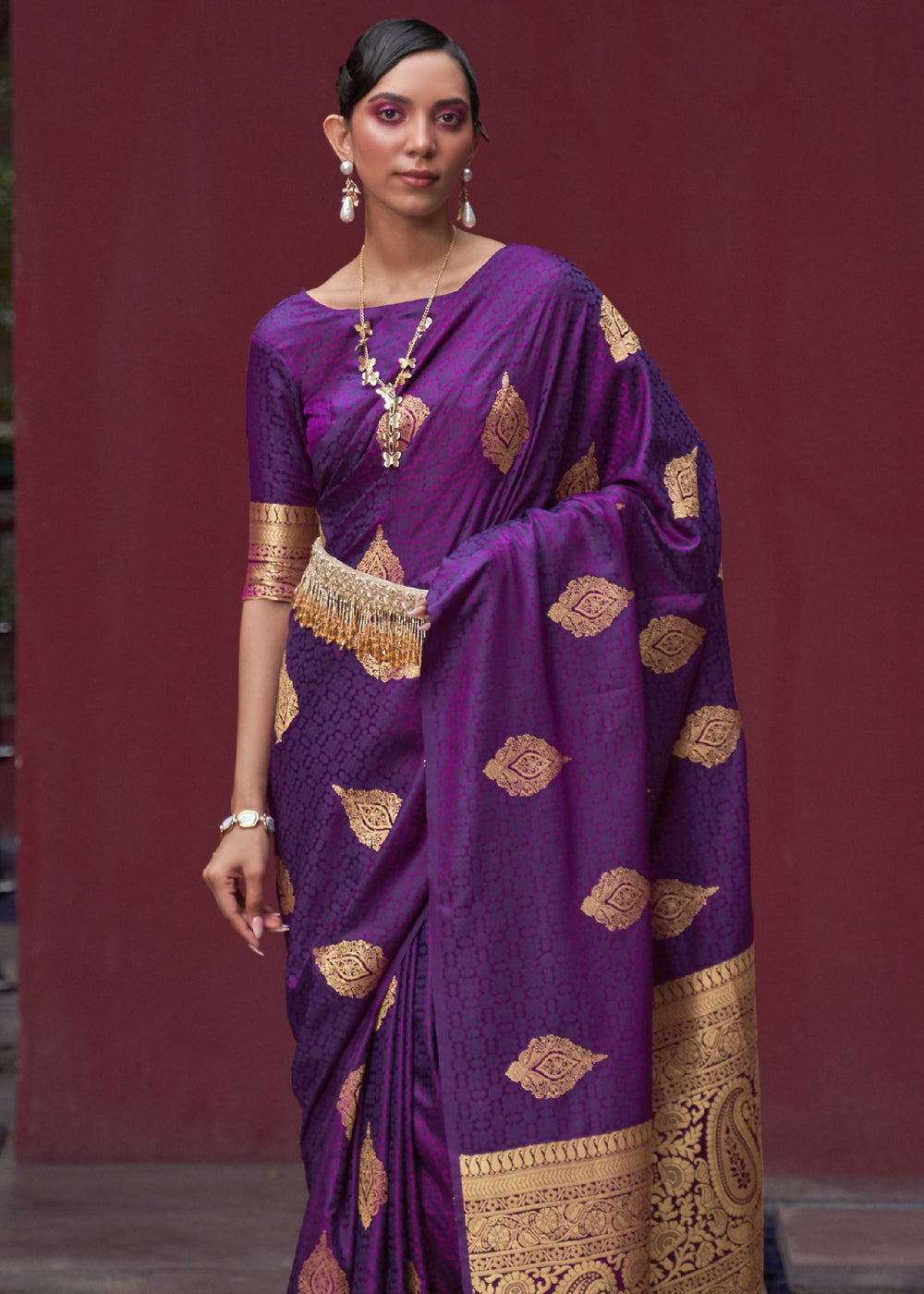 Dark Purple Woven Banarasi Satin Silk Saree