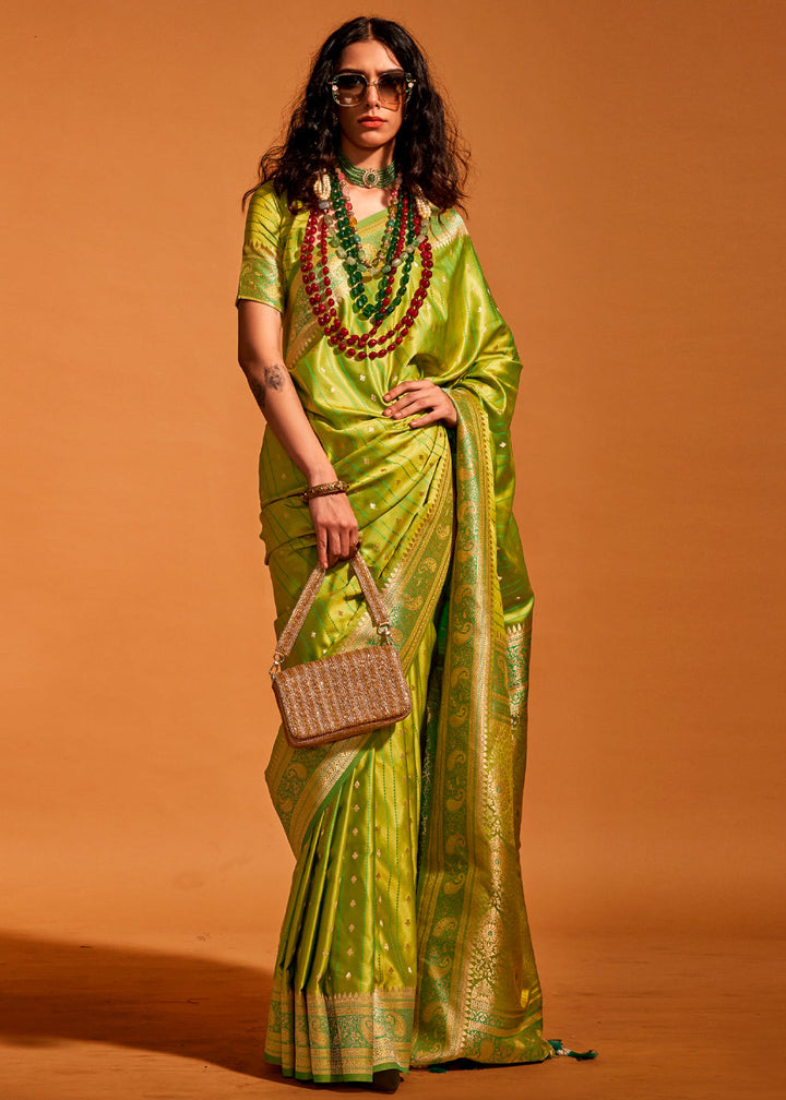 Lime green Banarasi Satin Weaving Silk Saree