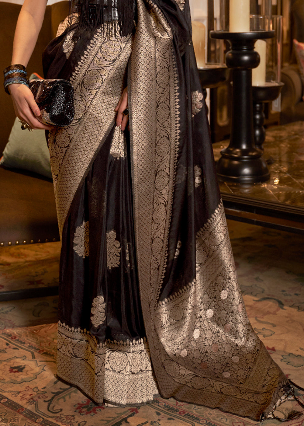 Royal Black Woven Khadi Georgette Silk Saree