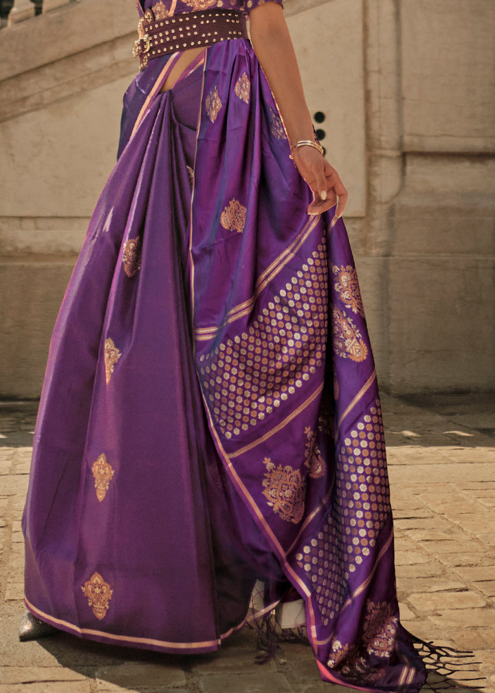 Berry Purple Satin Handloom Weaving Silk Saree