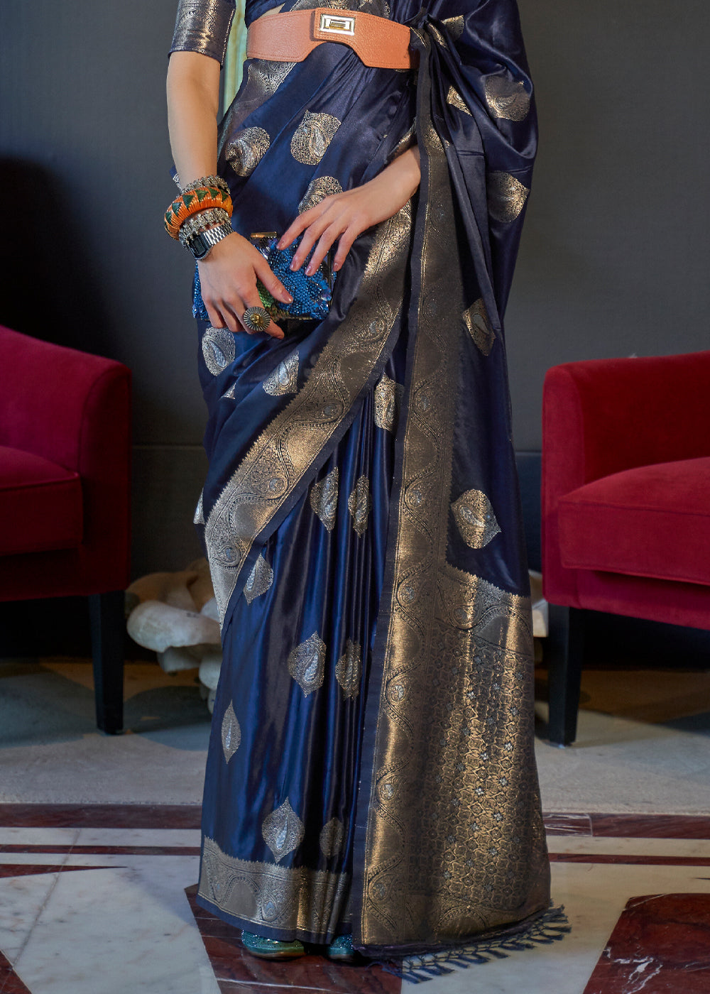 Blue Satin Handloom Weaving Silk Saree