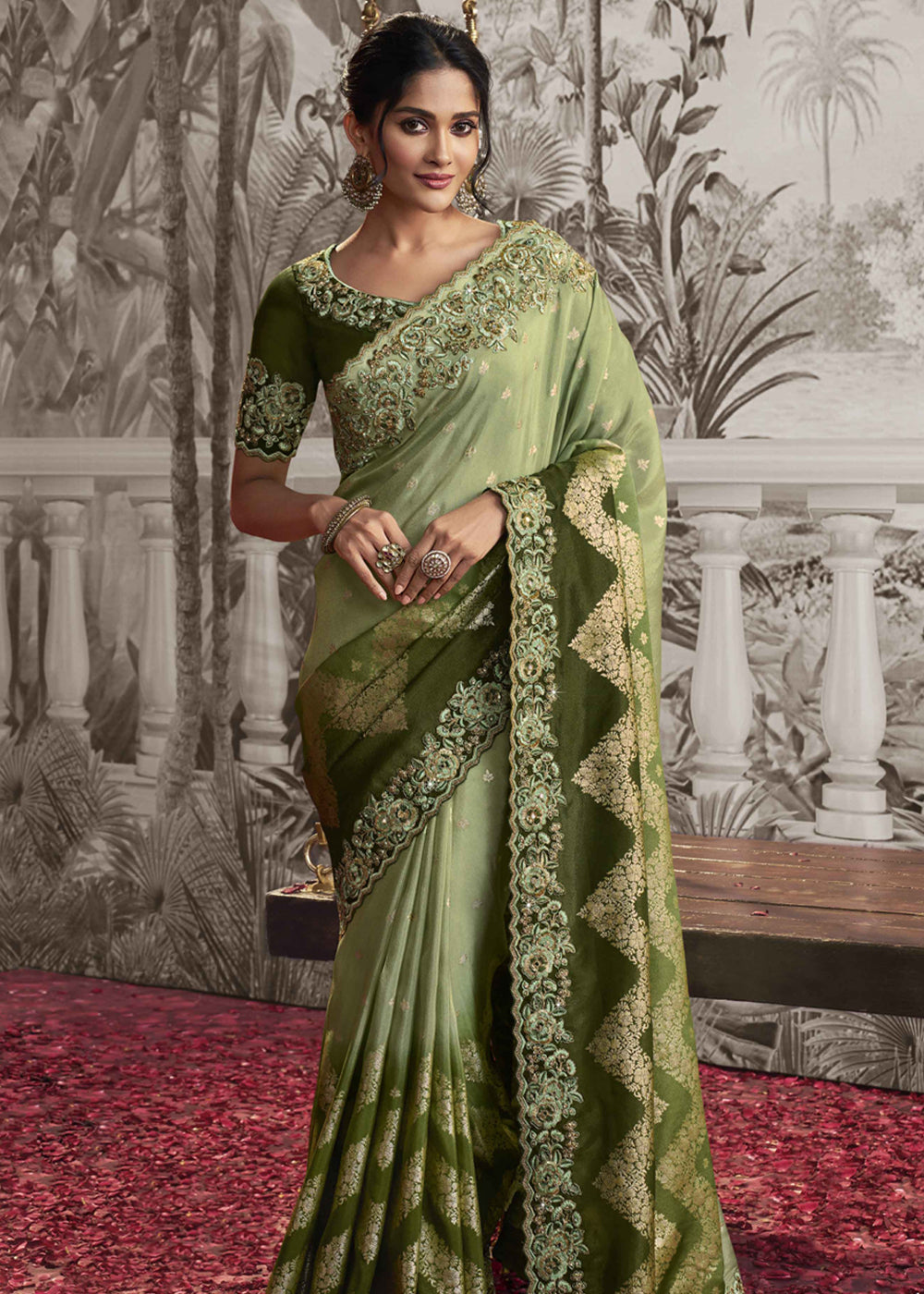 Olive Green Soft Woven Embroidery Designer silk Saree With Matching Floral work blouse