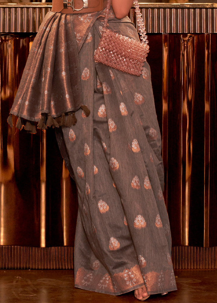 Coffee Brown Bronze Woven Linen Saree