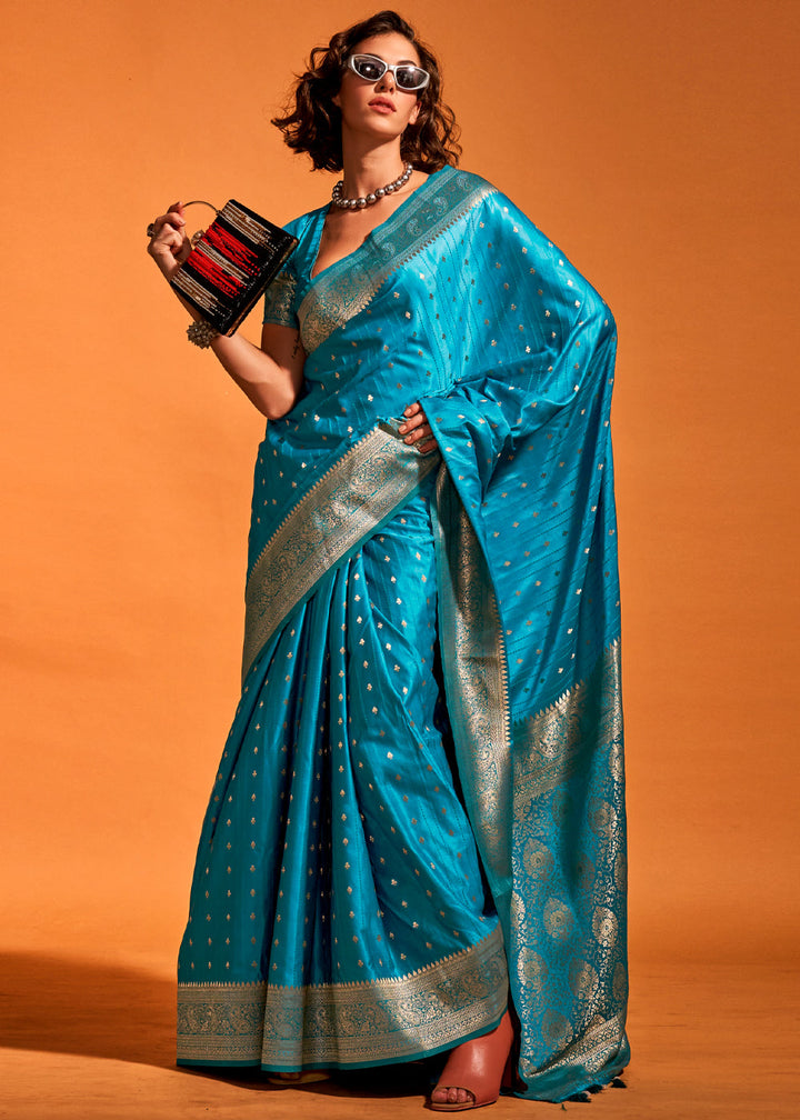 Beaming blue Banarasi Satin Weaving Silk Saree