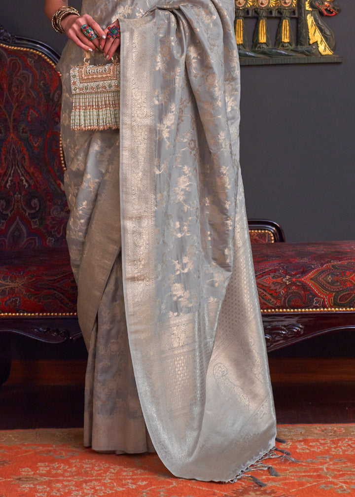 Silver Grey Katan Handloom Weaving Silk Saree