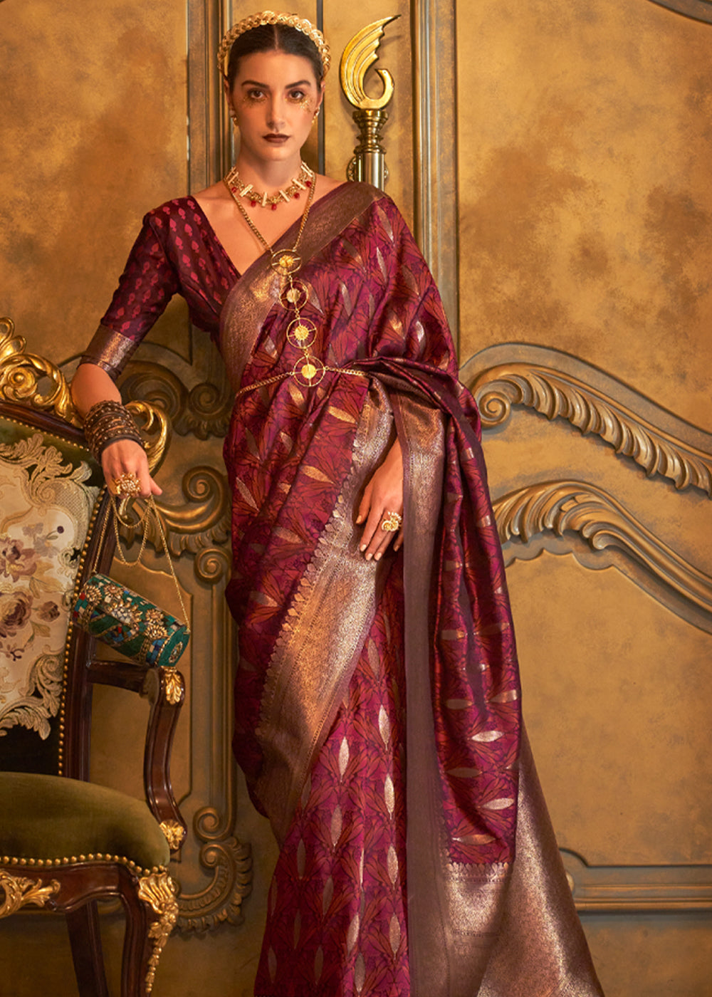 Maroon Red Woven Banarasi Satin Silk Saree