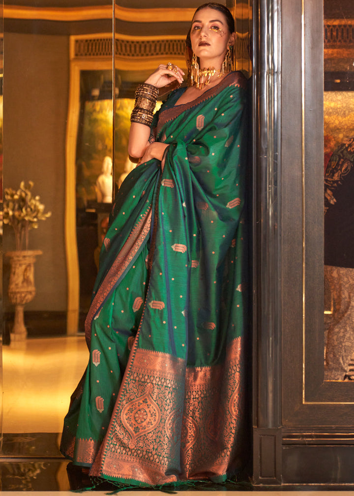 Forest Green Zari Handloom Woven Tussar Silk Saree