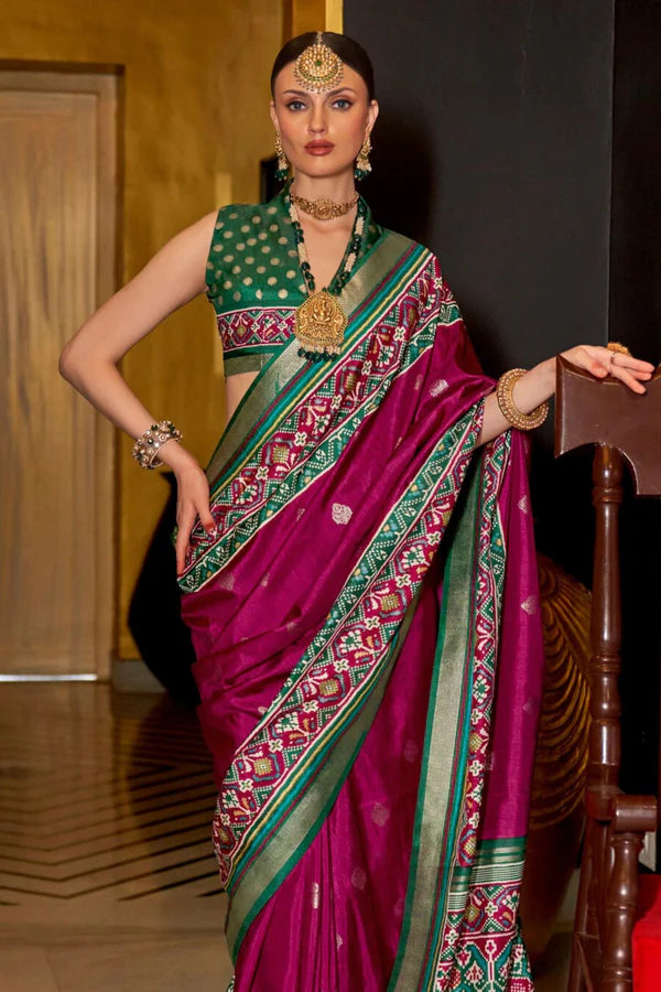 Dark Pink And Green Designer Patola Silk Saree