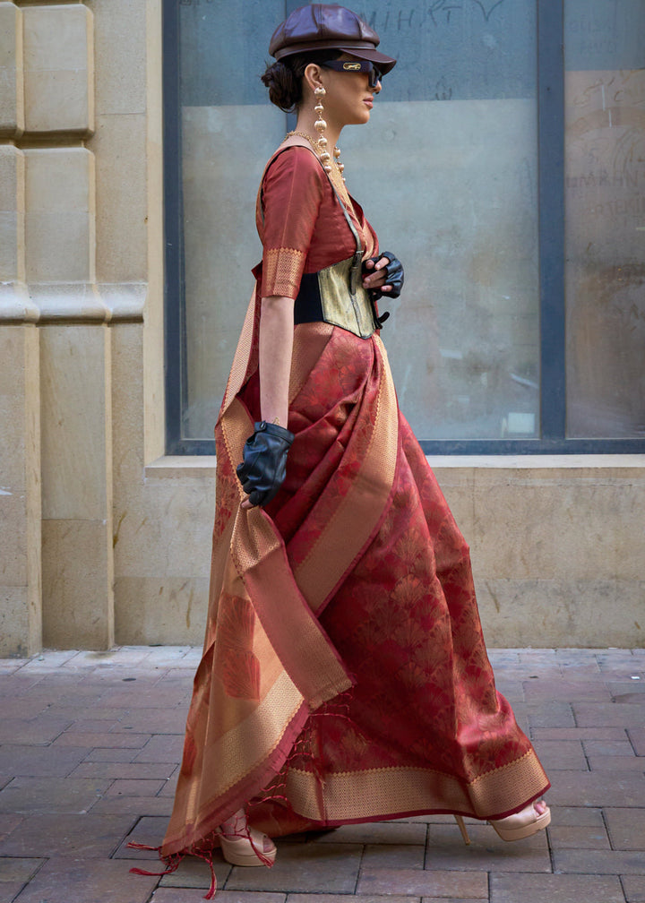 Maroon Red Dual Tone Handloom Woven Organza Silk Saree