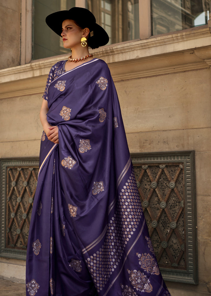 Blue Satin Handloom Weaving Silk Saree