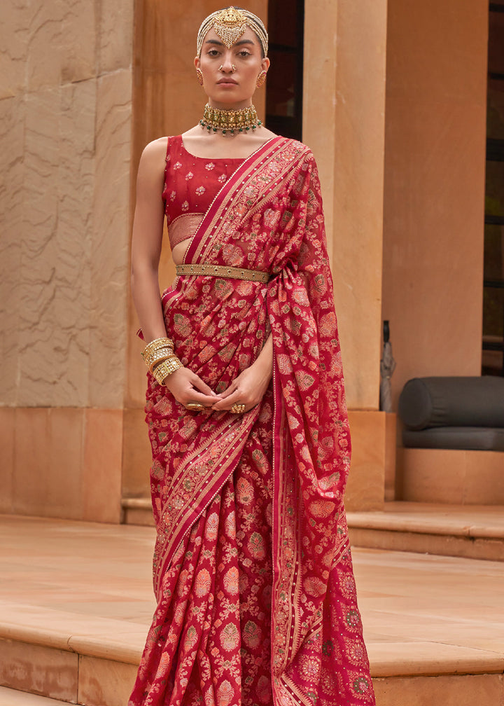 Cherry Red Woven Brasso Silk Saree With Blouse