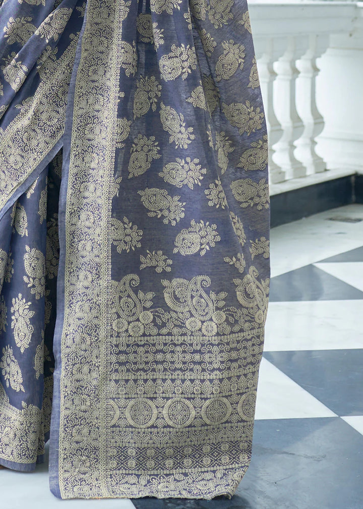 Greyish Blue Woven Lucknowi Chikankari Silk Saree