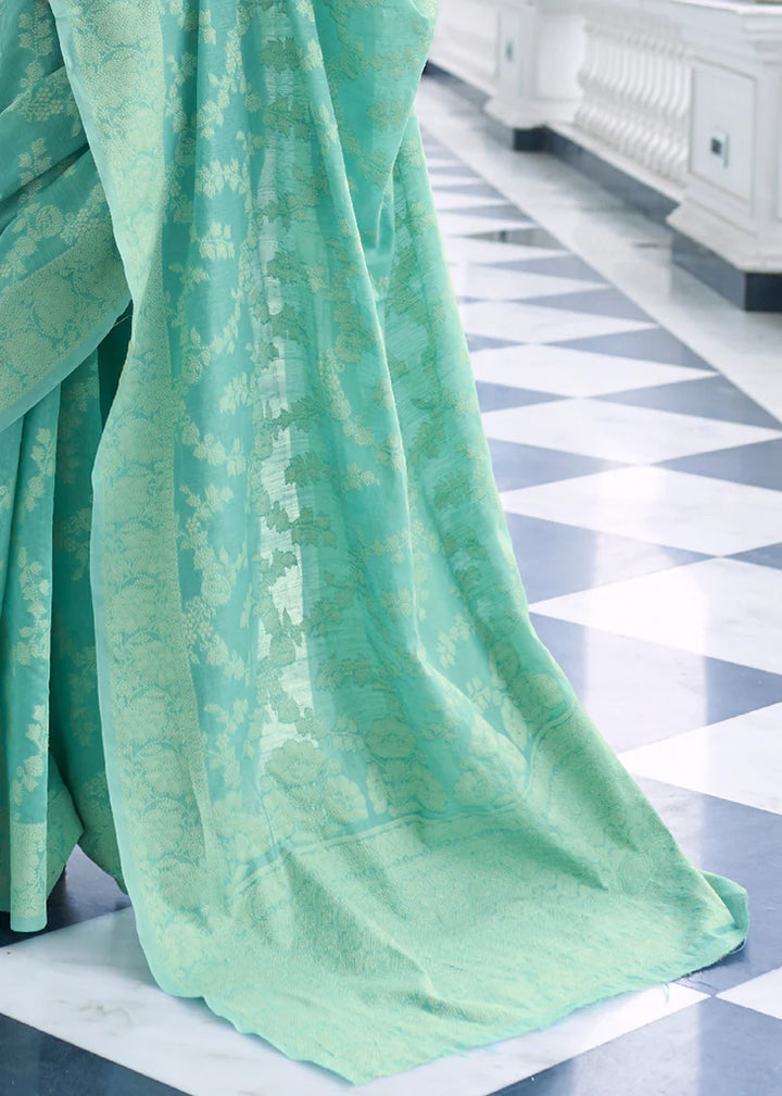 Aqua Blue Woven Lucknowi Chikankari Silk Saree