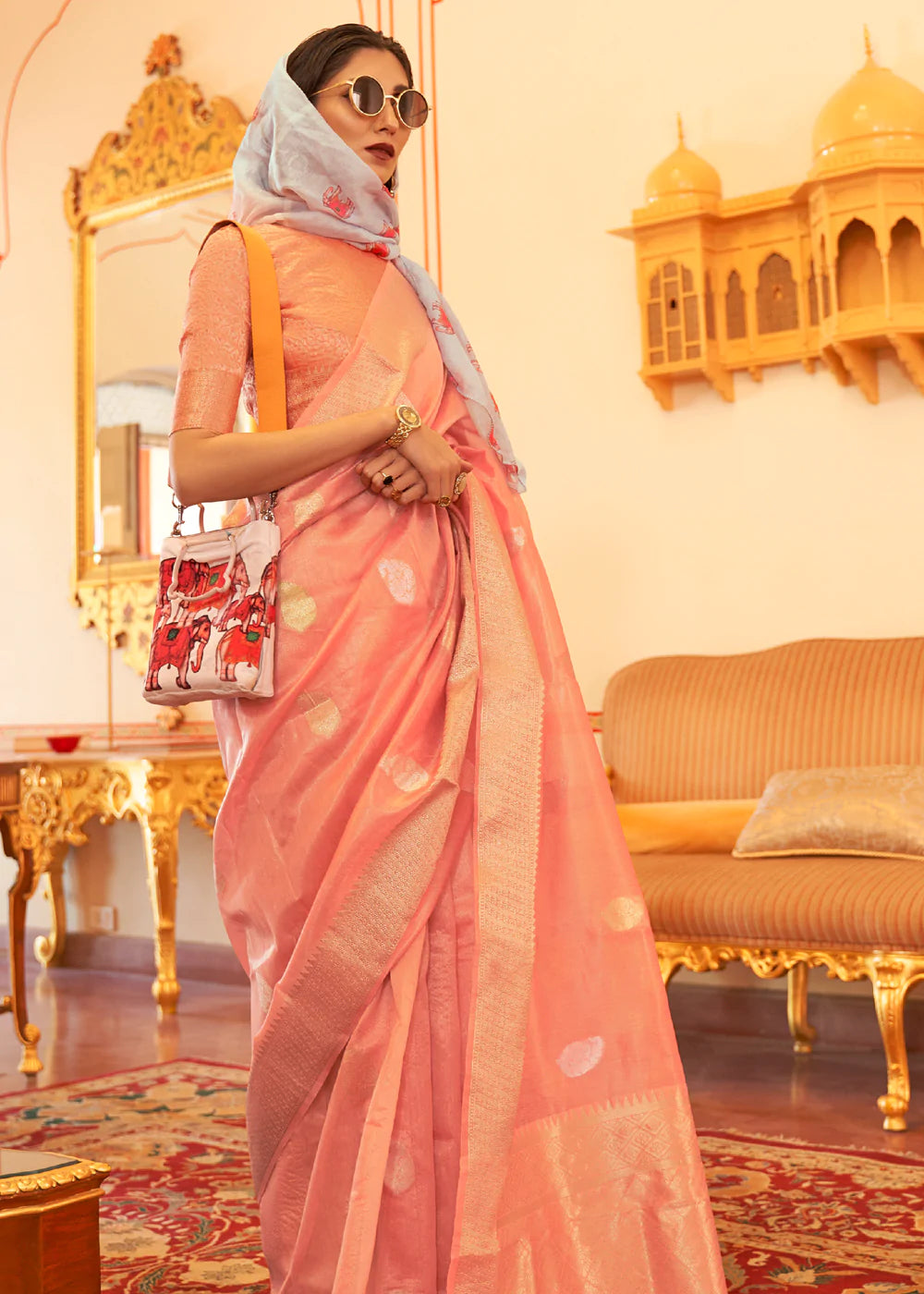 Blossom Pink Tissue Zari Woven Organza Silk Saree