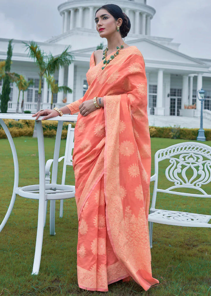 Orange Peace Woven Lucknowi Chikankari Silk Saree