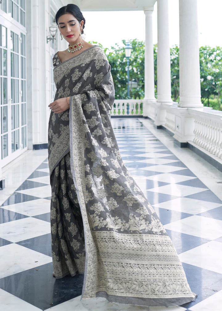 Charcoal Black Woven Lucknowi Chikankari Silk Saree