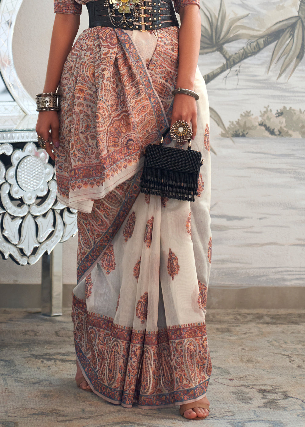 Bright White Woven Kashmiri Saree