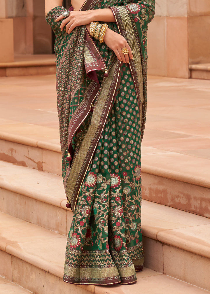 Jungle Green Woven Brasso Silk Saree With Blouse