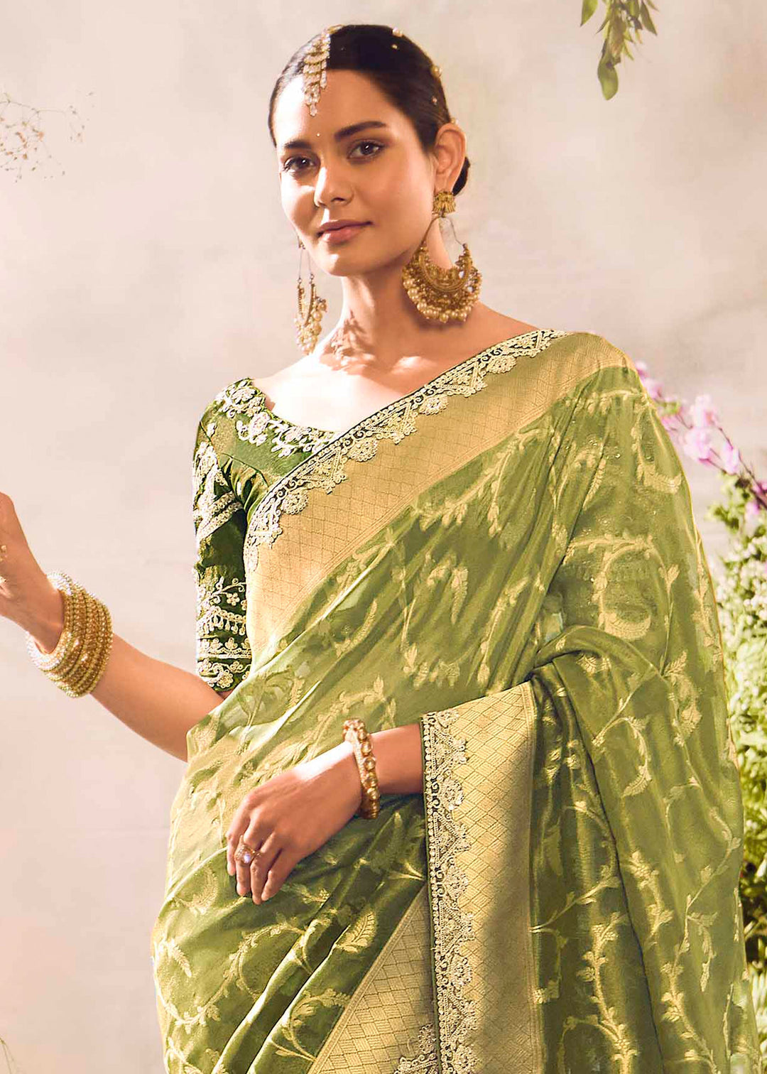 Grass Green Premium Banarasi Tissue Silk Designers Saree