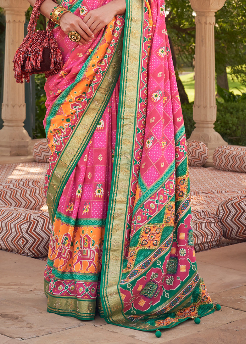 Pink and Green Designer Patola Silk Saree