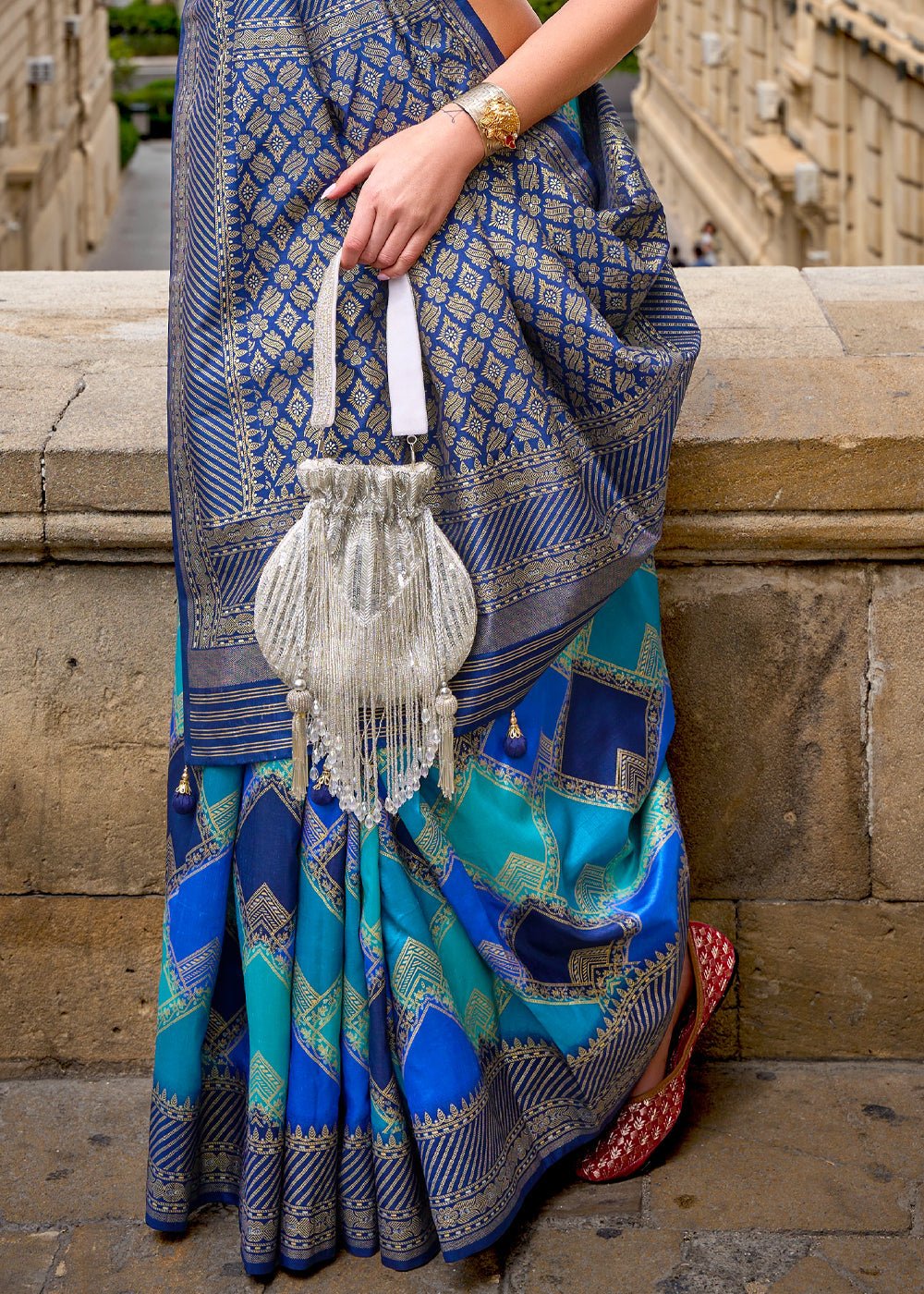 Princess Blue Printed Patola Saree With Blouse