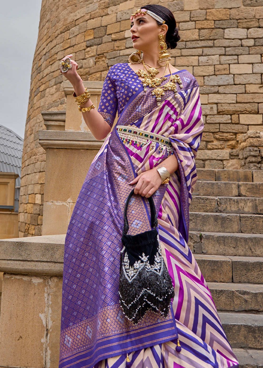 Shaded Purple Printed Patola Saree With Blouse