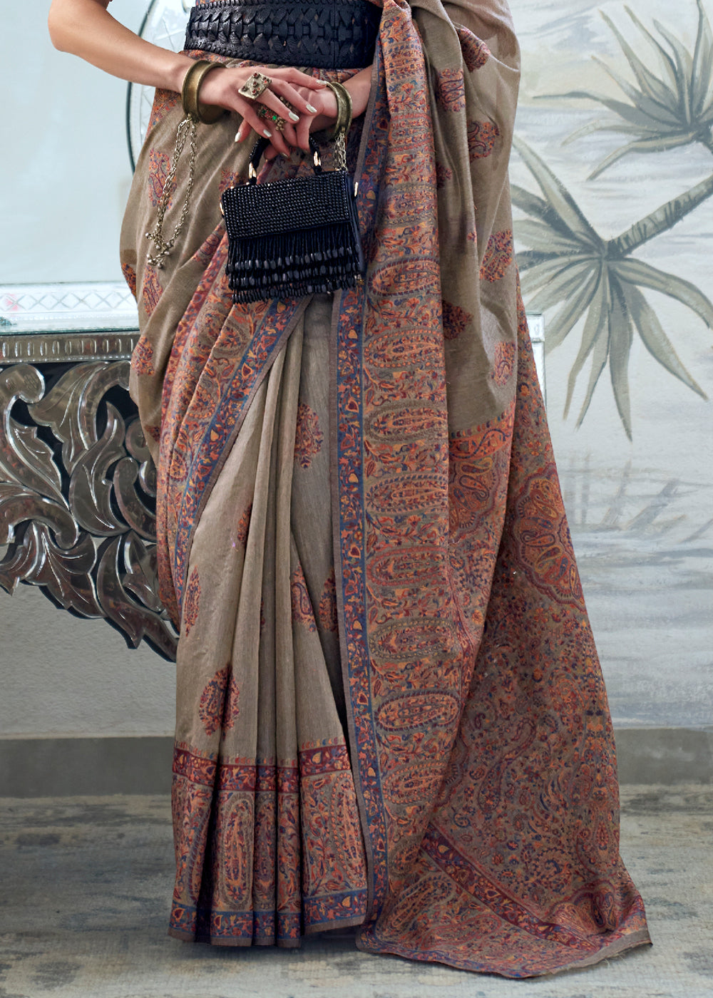 Chocolate Brown Woven Kashmiri Saree