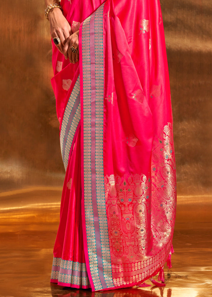 Dark Pink Pure Satin Chaap Handloom Weaving Silk Saree