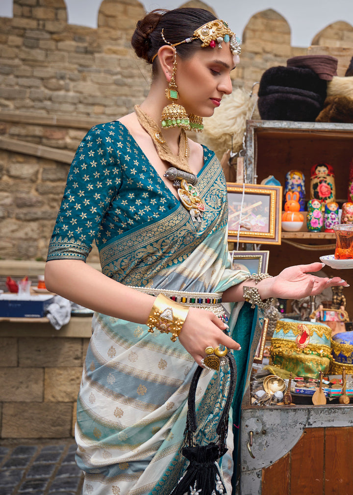 Grey and Teal Blue Printed Patola Saree With Blouse