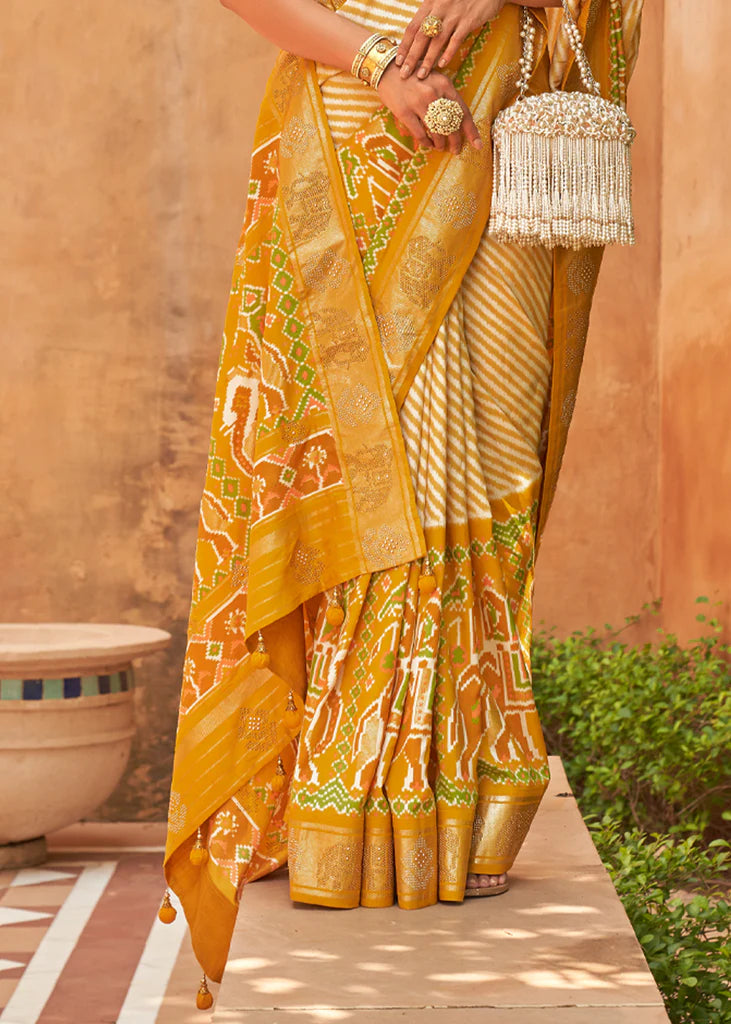 Mustard Yellow Designer Silk Patola Saree With Blouse