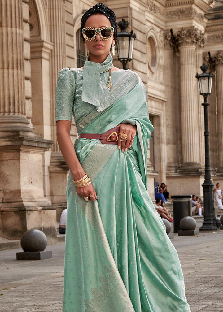 Pastel Green Woven Satin silk saree with brocade blouse