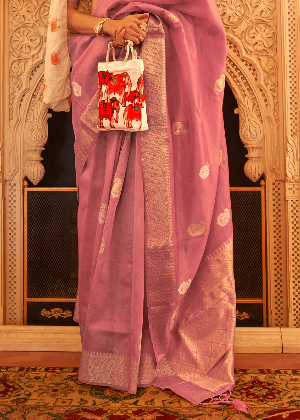 Purple Pink Tissue Zari Woven Organza Silk Saree