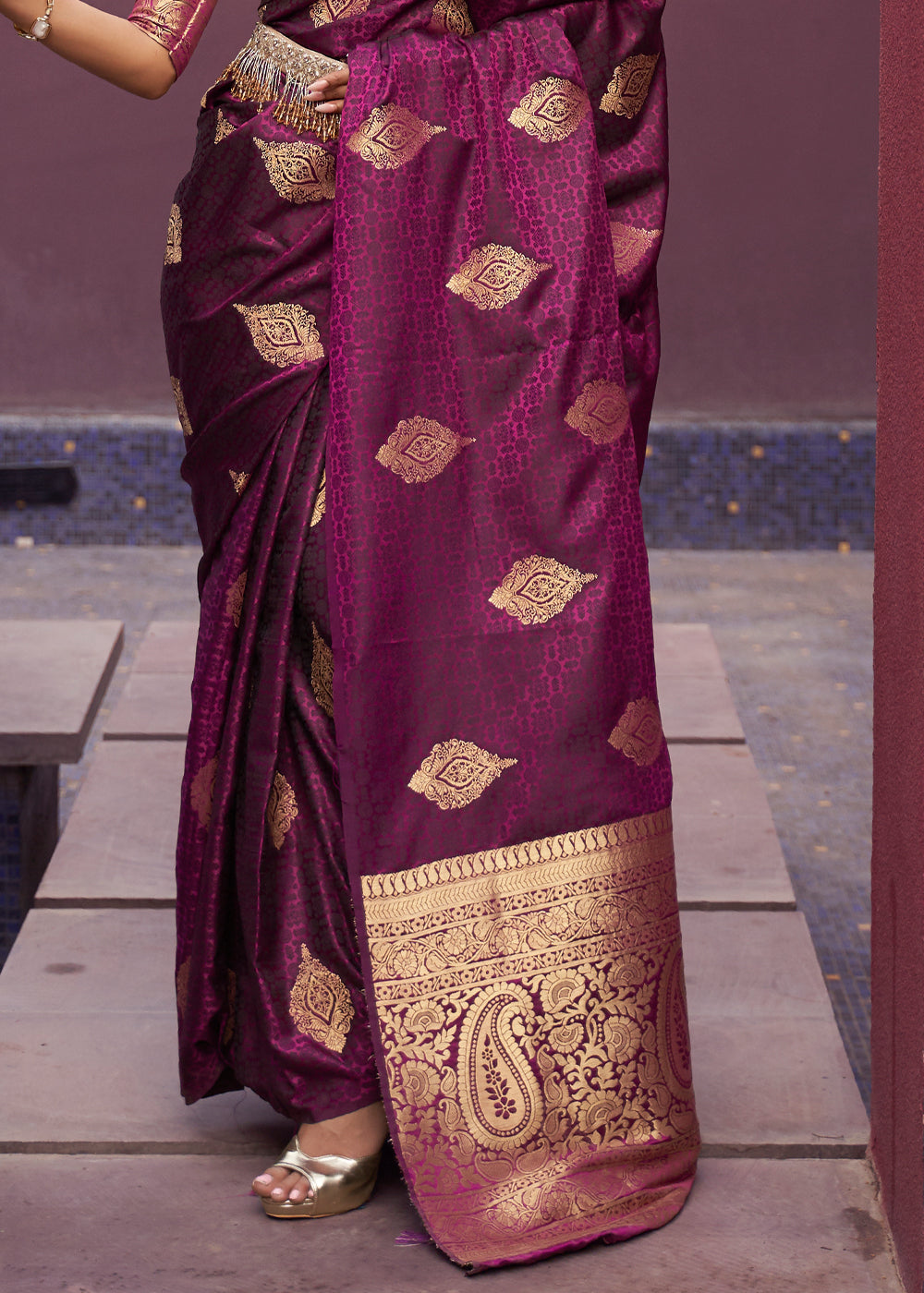 Wine Purple Woven Banarasi Satin Silk Saree