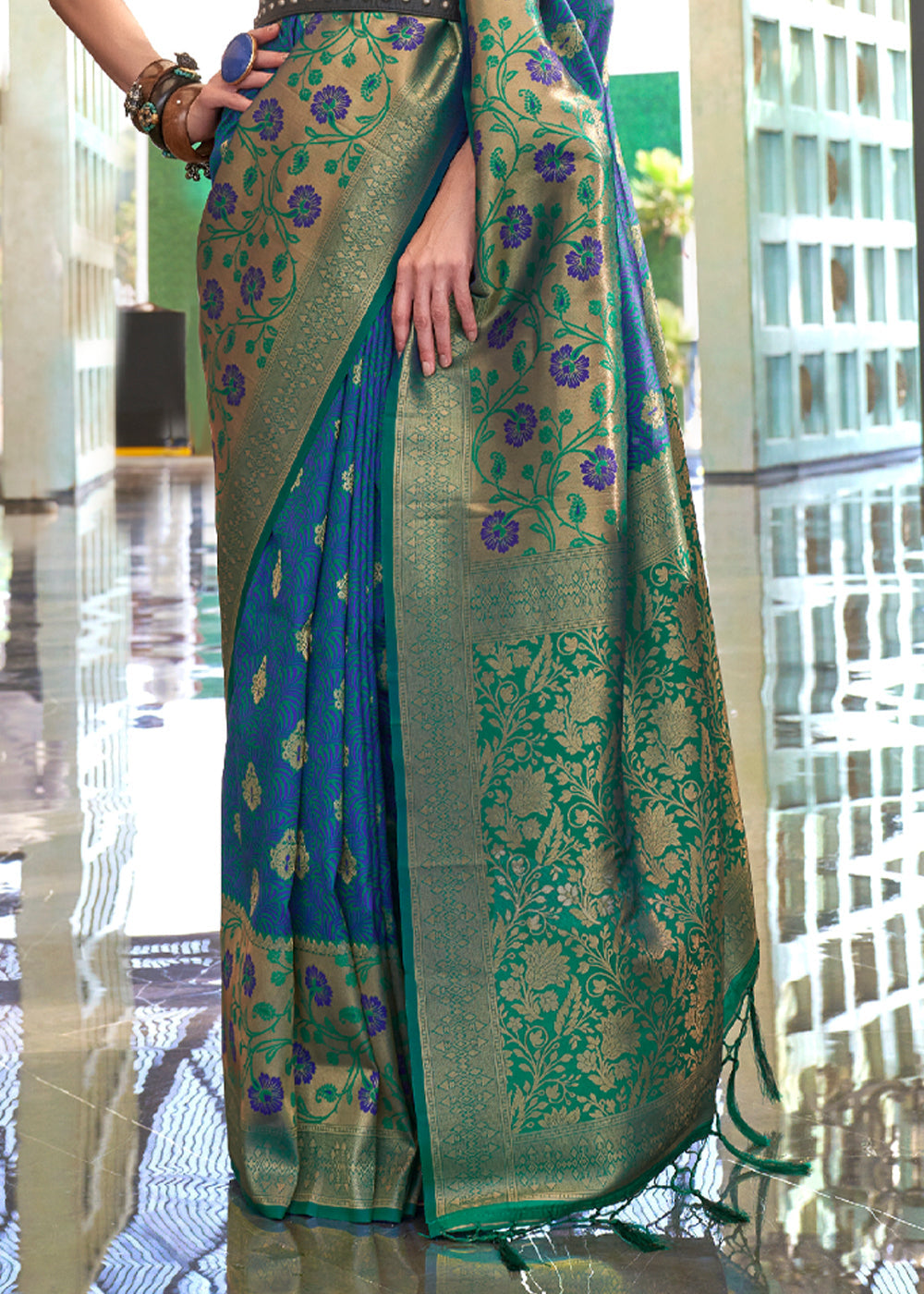 Blue and Green Handloom Woven Silk Saree