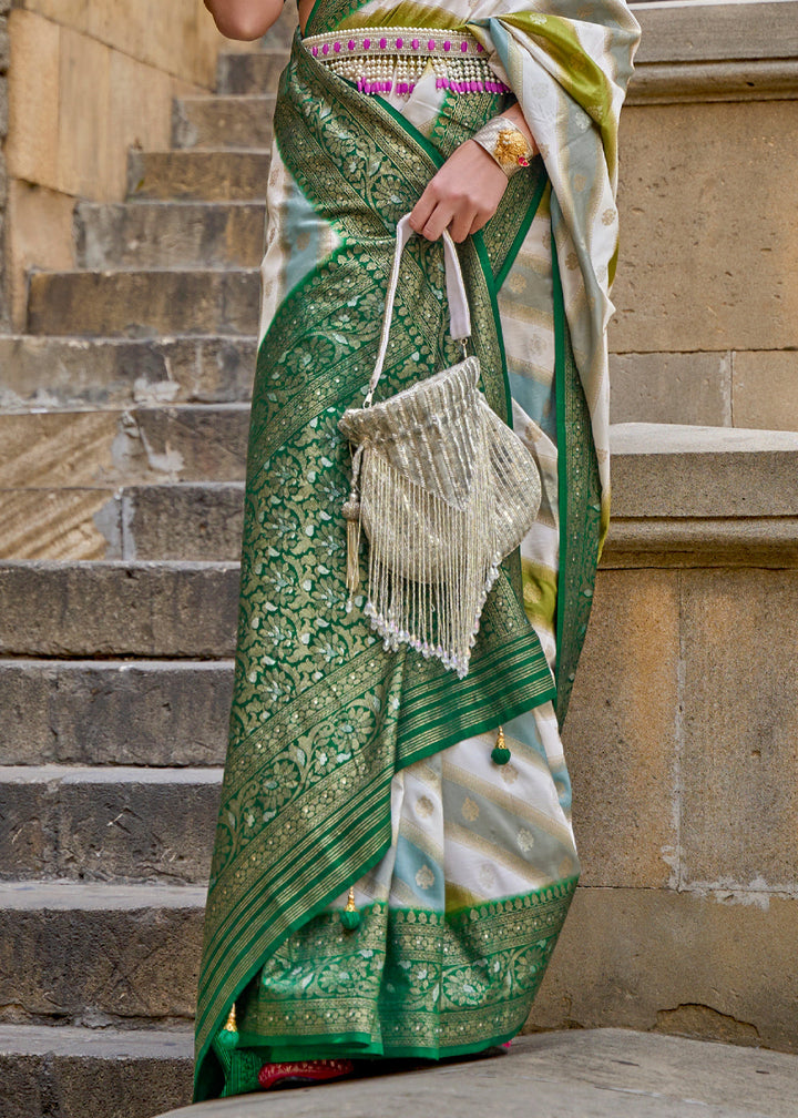 White and Green Printed Patola Saree With Blouse