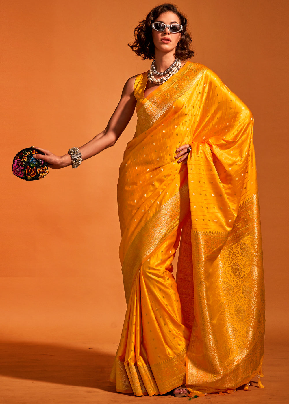 Blazing Yellow Banarasi Satin Weaving Silk Saree