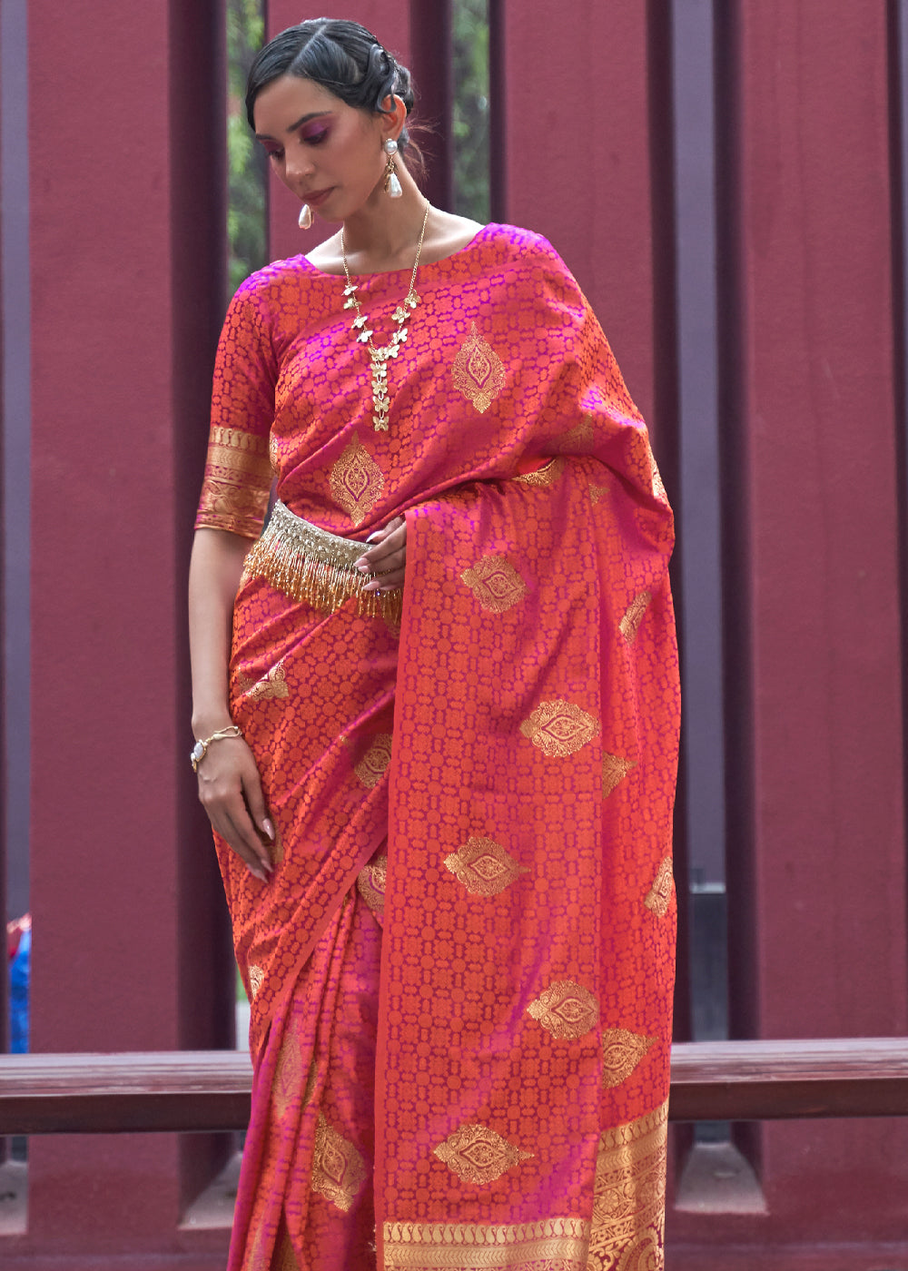 Red Woven Banarasi Satin Silk Saree